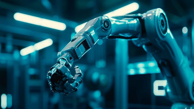 Advanced High Precision Robot Arm inside Modern Electronics Factory. Electronic Devices Production Industry. Fully Automated Modern PCB Assembly Line. AI generated