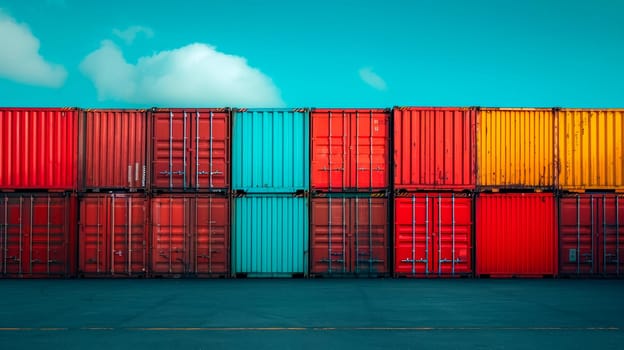Colorful containers stacked in a port. Old shipping containers stacked at a commercial port. AI generated