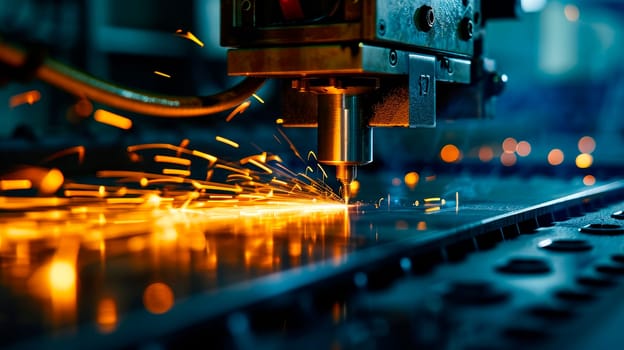The CNC laser cut machine cutting the stainless plate. Industrial 4.0 concept for modern manufacturing process. AI generated