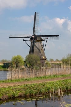 One of the 19 windmills at Kinderdijk in the Netherlands. Built about 1740, this is the largest concentration of windmills in the Netherlands, a UNESCO world heritage site.