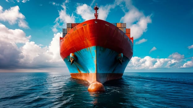 Front view of large merchant cargo ship in the middle of the ocean underway. AI generated