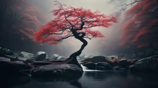 Misty landscape with red maple trees. Generative AI image