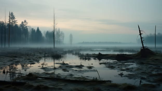 Misty swamp in the moody forest. Generative AI image