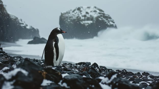 Lonely penguin by the sea. Generative AI image