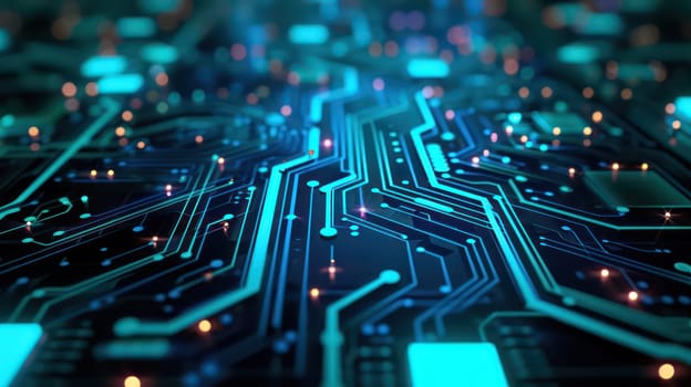 Glowing blue neon circuit board chip tech background. Generative AI design