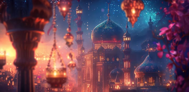 Festive abstract greeting card for Muslim holy month Ramadan Kareem. Generative AI design
