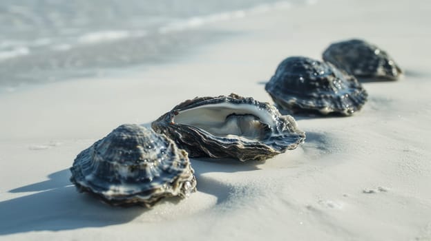 Fresh raw oysters on white sand. Generative AI image