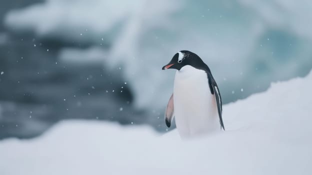 Lonely penguin in the snow. Generative AI image