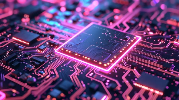 Glowing purple neon circuit board chip tech background. Generative AI design