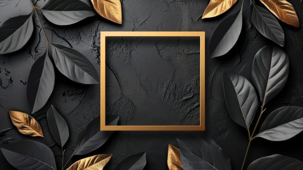 Golden black leaves and square frame on grunge abstract background. Generative AI design
