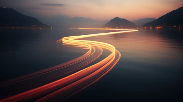Trace of bright lights on the sea. Generative AI image