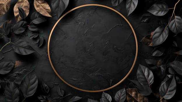 Golden black leaves and circle frame on grunge abstract background. Generative AI design
