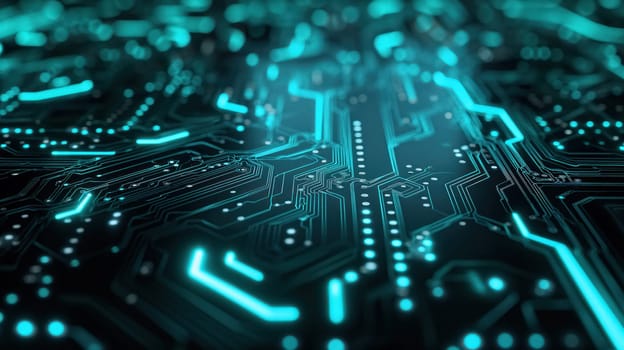 Glowing blue neon circuit board chip tech background. Generative AI design
