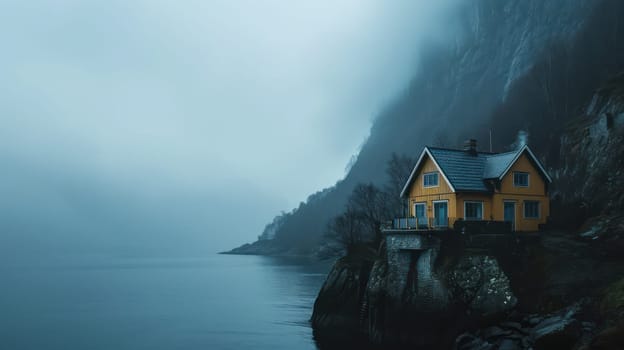 Cozy house on the sea cliff. Generative AI mage