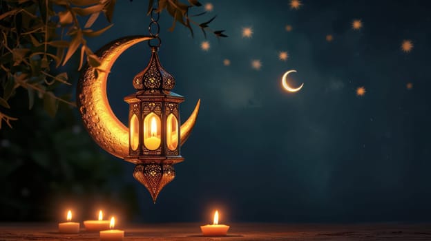 Arabic lantern and crescent moon, Ramadan Kareem background. Generative AI design