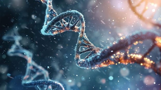 Abstract glowing DNA molecular tech background. Generative AI design