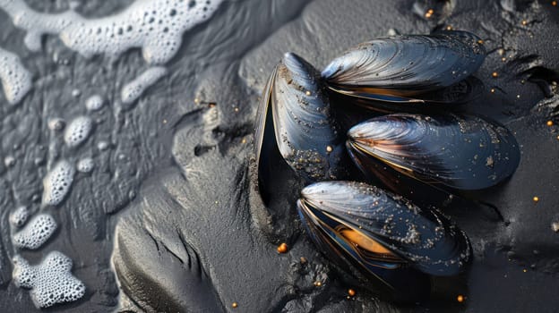 Fresh raw mussel on wet sand. Generative AI image