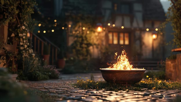 Cozy backyard with a fire bowl. Generative AI image