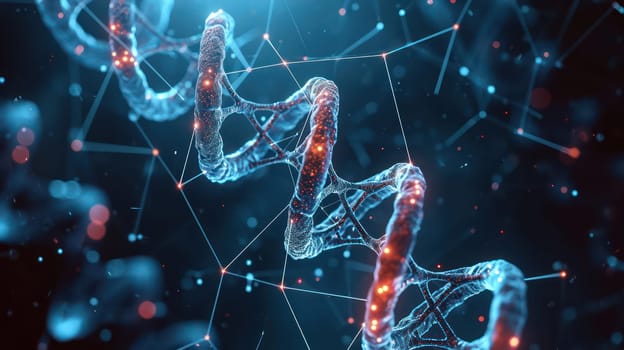 Abstract glowing DNA molecular tech background. Generative AI design