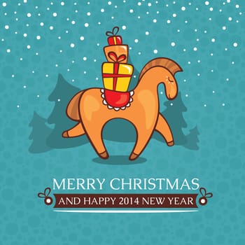 Christmas cute baby card with horse and gifts vector illustration