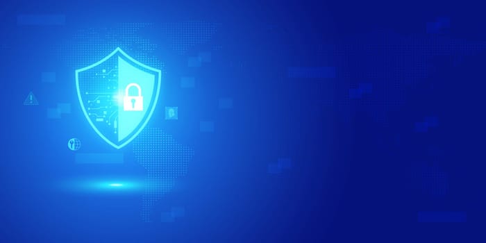 Futuristic blue shield ethics and Security abstract technology background. Artificial intelligence digital transformation and Business quantum internet network communication and Antivirus.