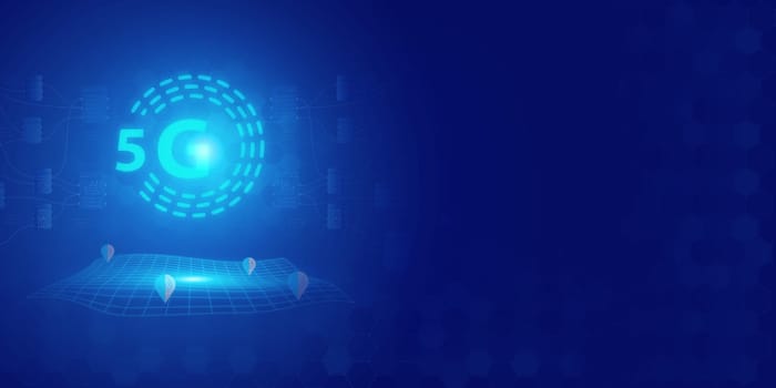 Futuristic blue 5G text and abstract technology background. Artificial intelligence digital transformation and Business quantum internet network communication and Antivirus.