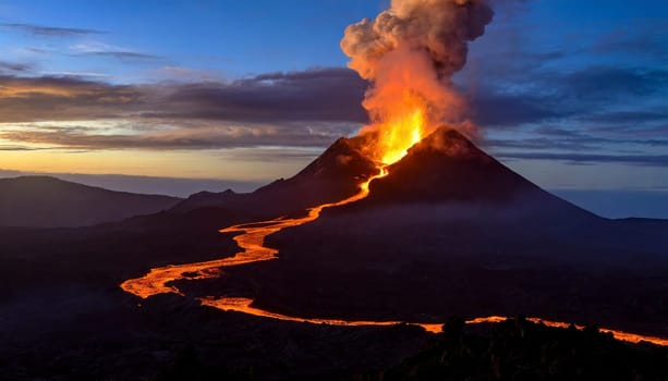 Volcanic eruption at night with flowing lava and ashes cloud. AI generated