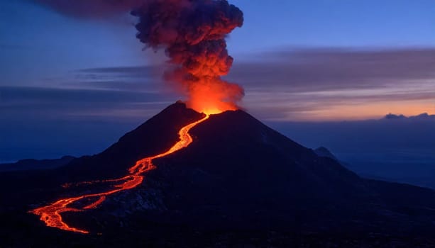 Volcanic eruption at night with flowing lava and ashes cloud. AI generated