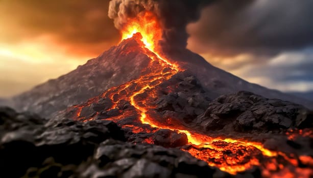 Volcanic eruption at night with flowing lava and ashes cloud. AI generated