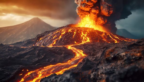 Volcanic eruption at night with flowing lava and ashes cloud. AI generated
