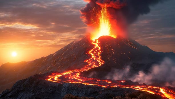 Volcanic eruption at night with flowing lava and ashes cloud. AI generated