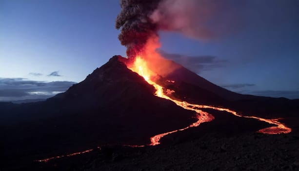 Volcanic eruption at night with flowing lava and ashes cloud. AI generated
