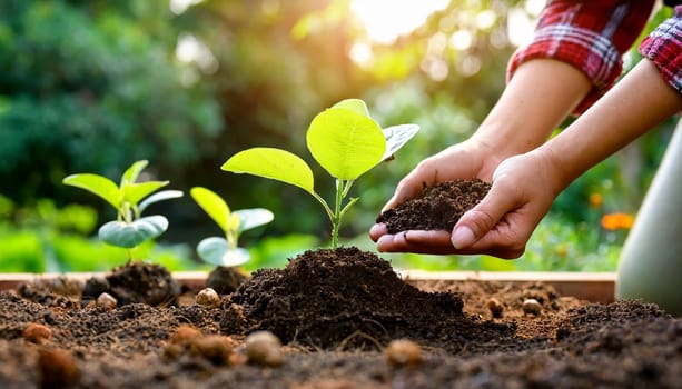 Human hand planting young plants in soil on blurred nature background. AI generated