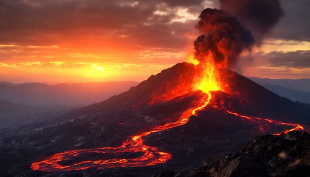 Volcanic eruption at night with flowing lava and ashes cloud. AI generated