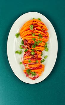 Delicious baked butternut squash. Baked butternut squash pumpkin stuffed with bacon.