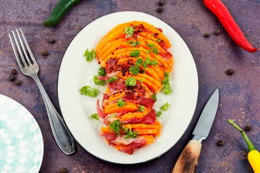 Delicious baked butternut squash. Baked butternut squash pumpkin stuffed with bacon.