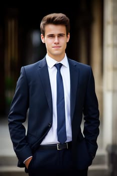 A well-dressed man wearing a suit and tie stands confidently in front of a modern office building.