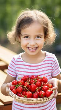 A little girl joyfully holds a basket filled with freshly picked tomatoes in a lush garden.