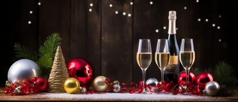 A table adorned with glasses of champagne and various Christmas decorations.