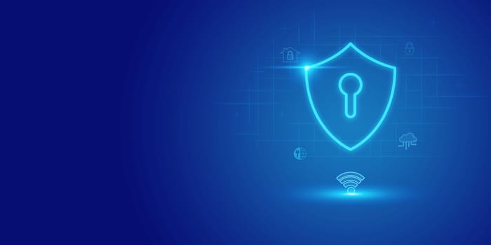Futuristic blue shield ethics and Security abstract technology background. Artificial intelligence digital transformation and Business quantum internet network communication and Antivirus.