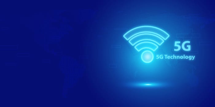 Futuristic blue 5G text and abstract technology background. Artificial intelligence digital transformation and Business quantum internet network communication and Antivirus.