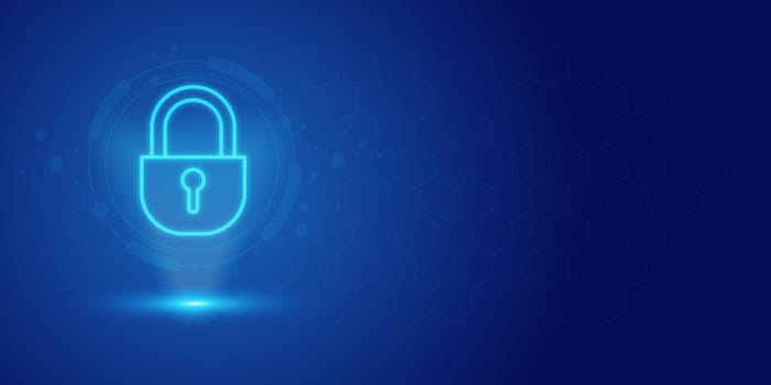 Futuristic blue shield ethics and Security abstract technology background. Artificial intelligence digital transformation and Business quantum internet network communication and Antivirus.