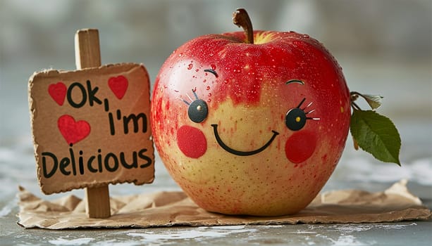 A Cute 3d Happy Red Apple Amazing cute minimalist happy red apple fruit character suitable children book, decoration, animation, design asset and illustration Holding a sign "pick me"" delicious fruit cute"