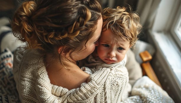 Loving understanding Mother embracing little crying child comforting upset kid, Caring mother hugging child consoling kid in tears, empathy support, Love embracing family portrait