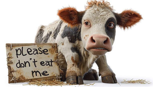 Cute sad cow by sign with the text "please don't eat me'' Cross Cut of Animal Meat with banned import, contaminated, no eating of meat like vegans or more. Cute animation. Meat industry,vegetarian concept animals"