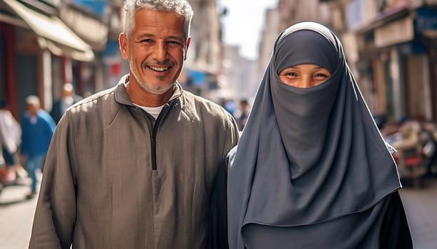 Happy couple in a Islam city. Wearing traditional Hijab clothes. Man and woman going out for shopping. Concept about relationship. Middle eastern couple Happy