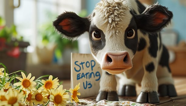 Cute sad cow by sign with the text "please don't eat me'' Cross Cut of Animal Meat with banned import, contaminated, no eating of meat like vegans or more. Cute animation. Meat industry,vegetarian concept animals"