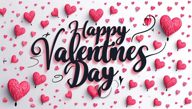 Valentine's greeting background design. Happy valentine's day text with elegant hearts decoration for valentine card. illustration. Pink colorful hearts flat lay against white background.