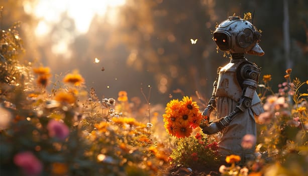 Robot picking flowers in wildflower field. AI face profile. Artificial intelligence in humanoid head take in hand artificial robotic flower. Sci-fi future concept. Computer neural network learns world. AI with Digital Brain analysis.