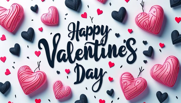 Valentine's greeting background design. Happy valentine's day text with elegant hearts decoration for valentine card. illustration. Pink colorful hearts flat lay against white background.